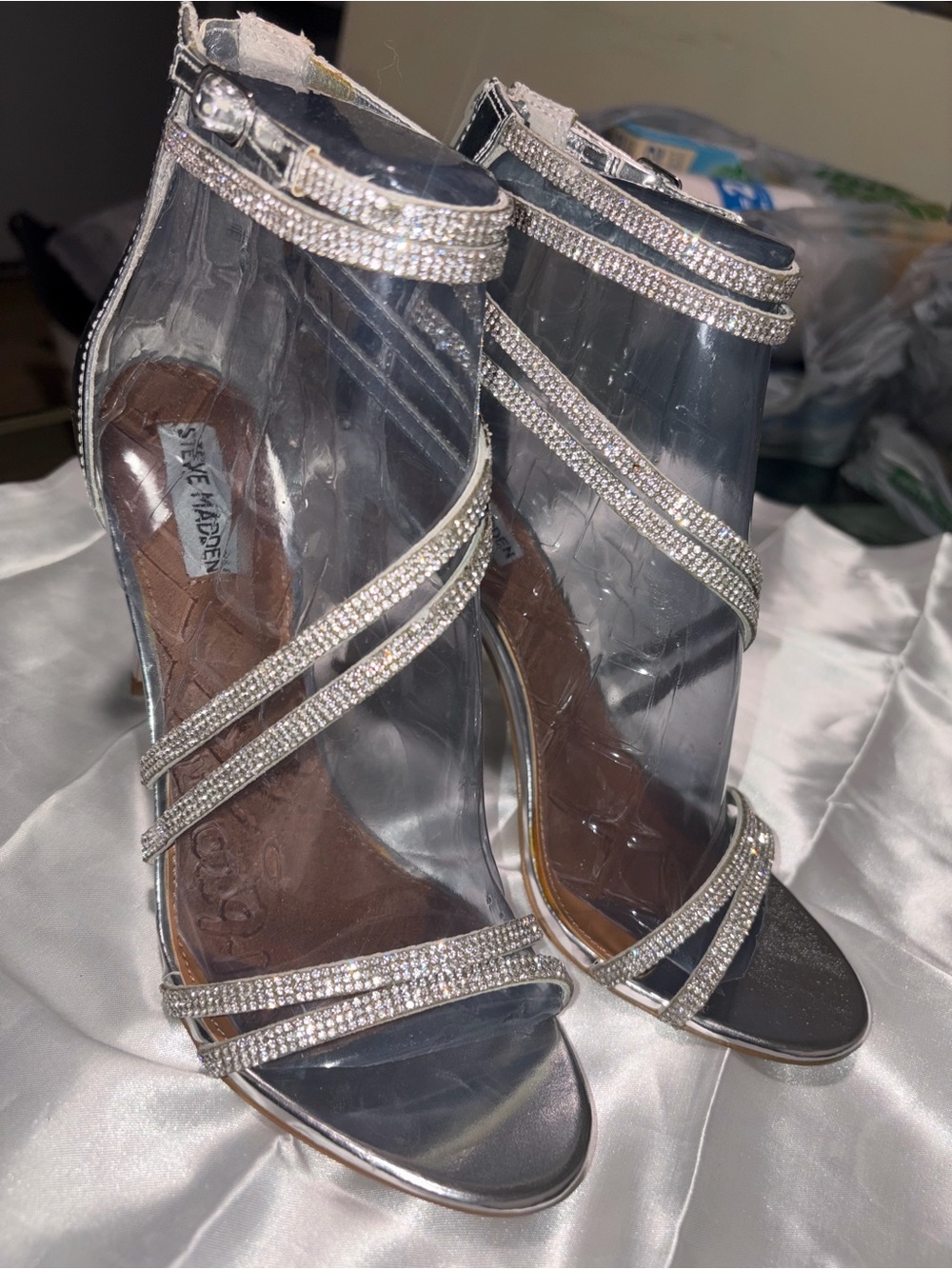 Steve Madden Silver Crystal Strappy High Heels